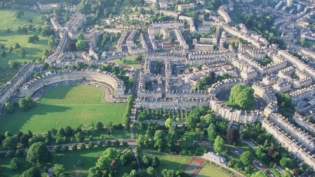Aerial view, The Circus and Royal Crescent, Visit Bath